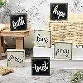 Qunclay 6 Pieces Farmhouse Tiered Tray Decor Inspirational Rustic Wood Sign Faith Love Hope Wooden Table Decorations Art Print Wooden Block Signs for Office Home Tabletop Bookshelf, 2.5 x 2.5 Inch