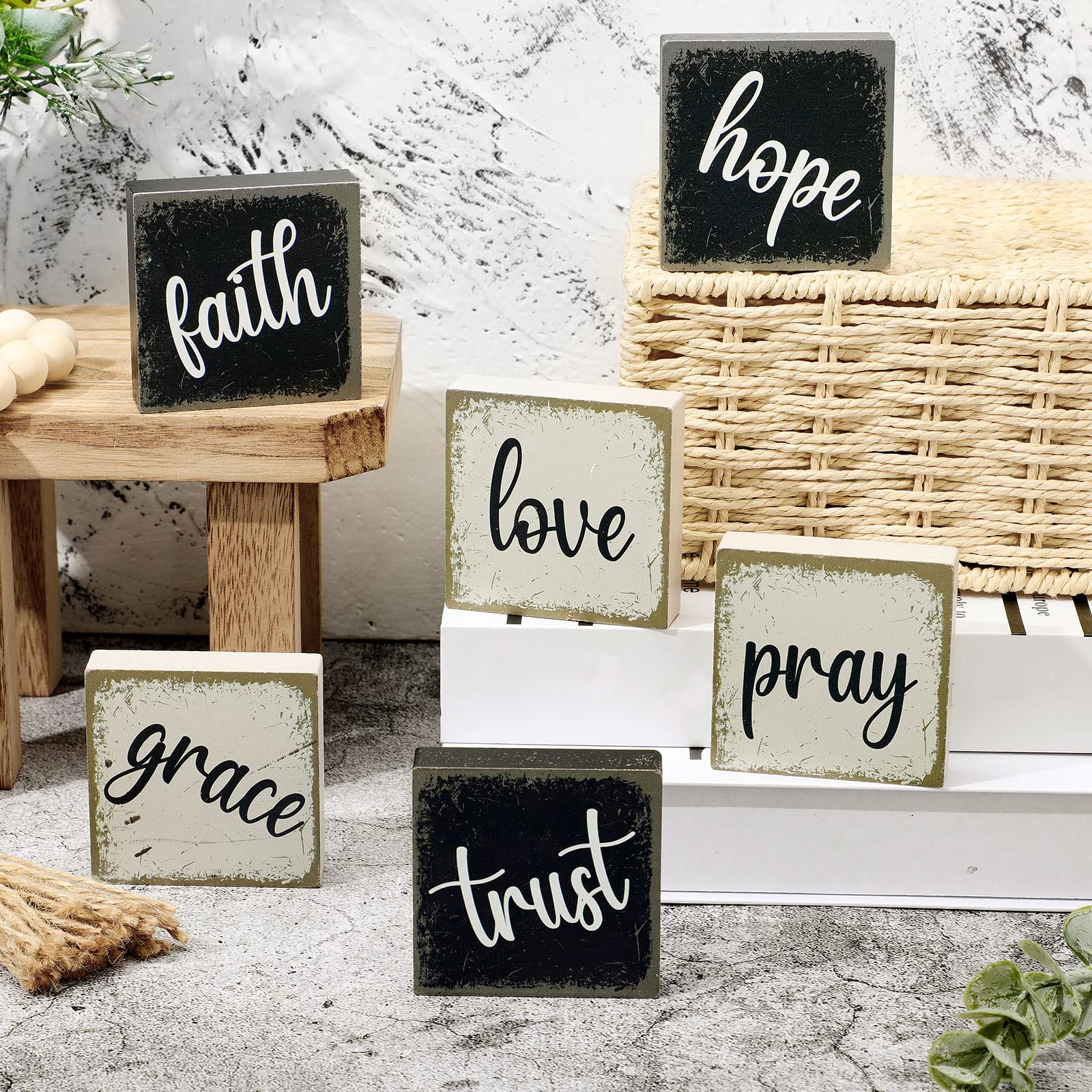 Photo 1 of Qunclay 6 Pieces Farmhouse Tiered Tray Decor Inspirational Rustic Wood Sign Faith Love Hope Wooden Table Decorations Art Print Wooden Block Signs for Office Home Tabletop Bookshelf, 2.5 x 2.5 Inch