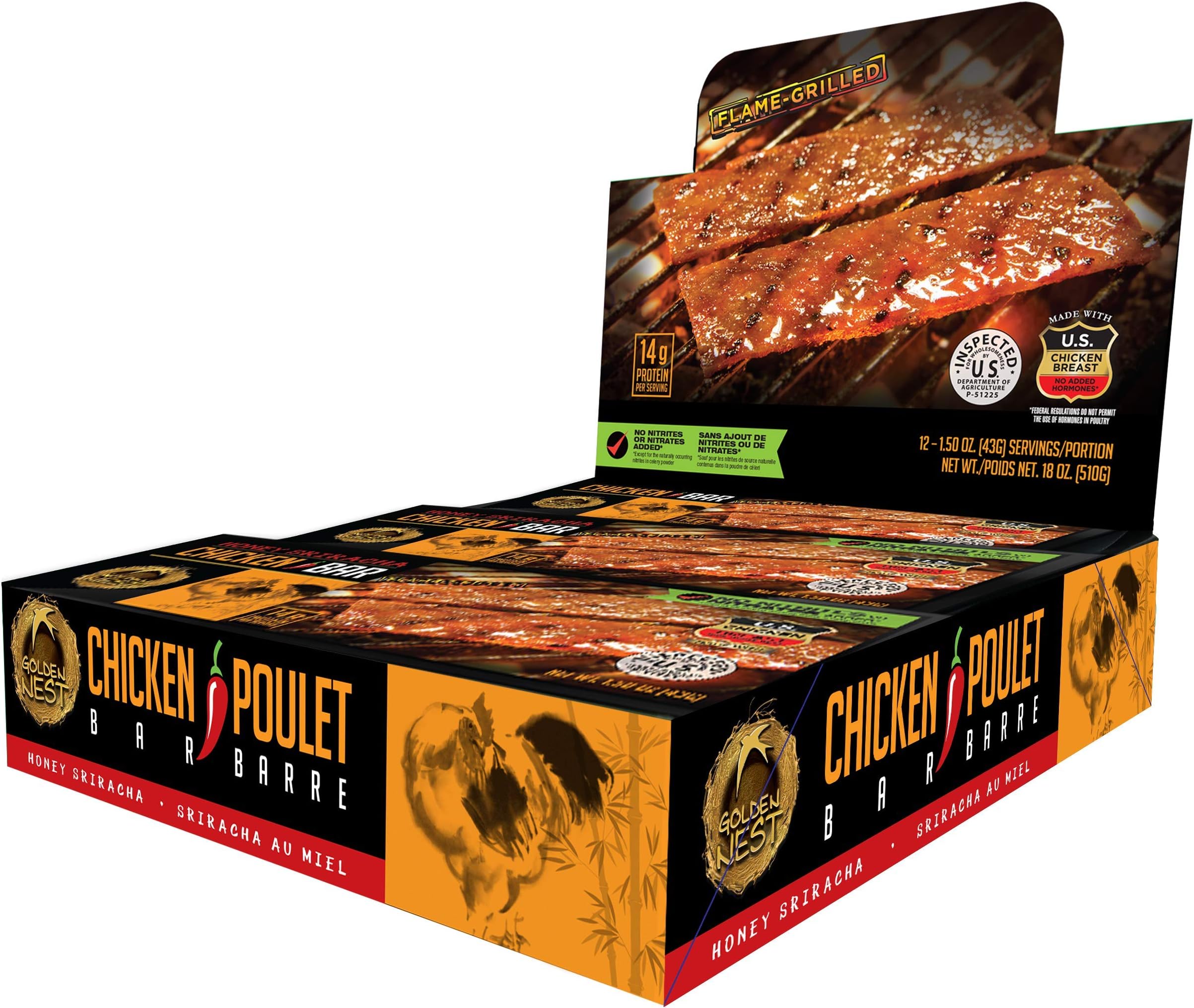 Golden Nest Chicken Jerky Bar, Gluten Free, Healthy Meat From Gourmet USA, Non-GMO Honey Glazed (1.5 oz.) (Chicken Honey Sriracha, Pack of 12)