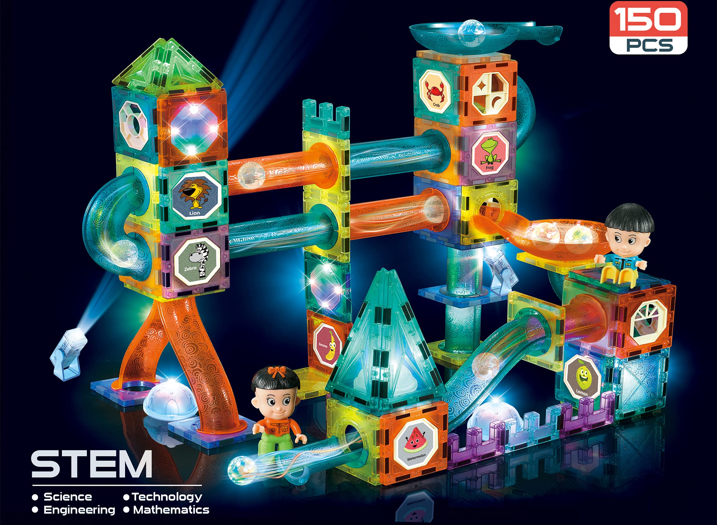 Magnetic Tiles Building Blocks with Marble Run - Engaging STEM/STEAM Toys for Kids - Educational and Fun - Perfect Christmas and Birthday Gift (150 PCS)