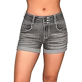 roswear Women's High Waisted Stretchy Denim Shorts Cuffed Jean Shorts