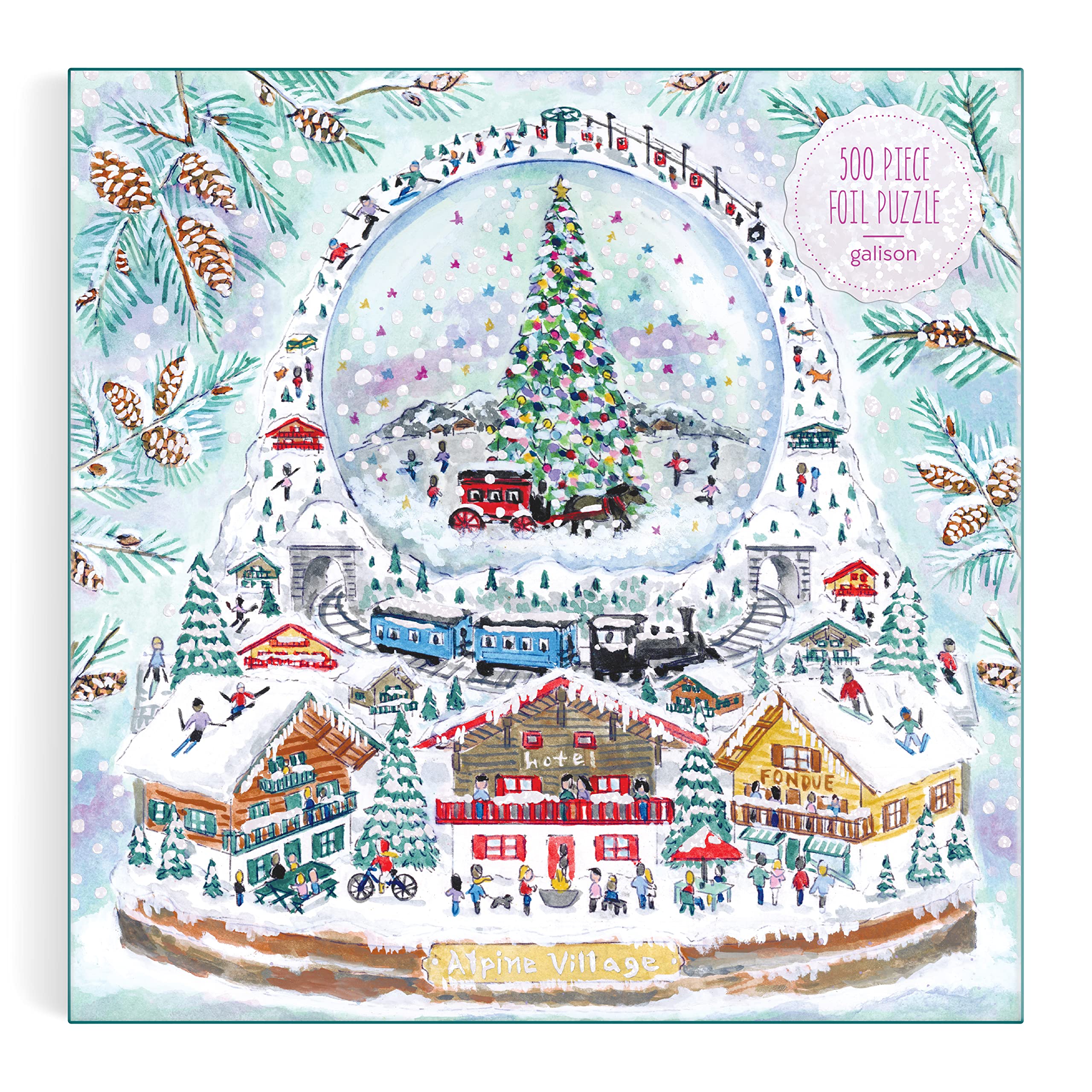 Galison Michael Storrings Alpine Village Snow Globe – 500 Piece Foil Puzzle of Christmas Snow Filled Mountains Artwork with Gold Foil Accents