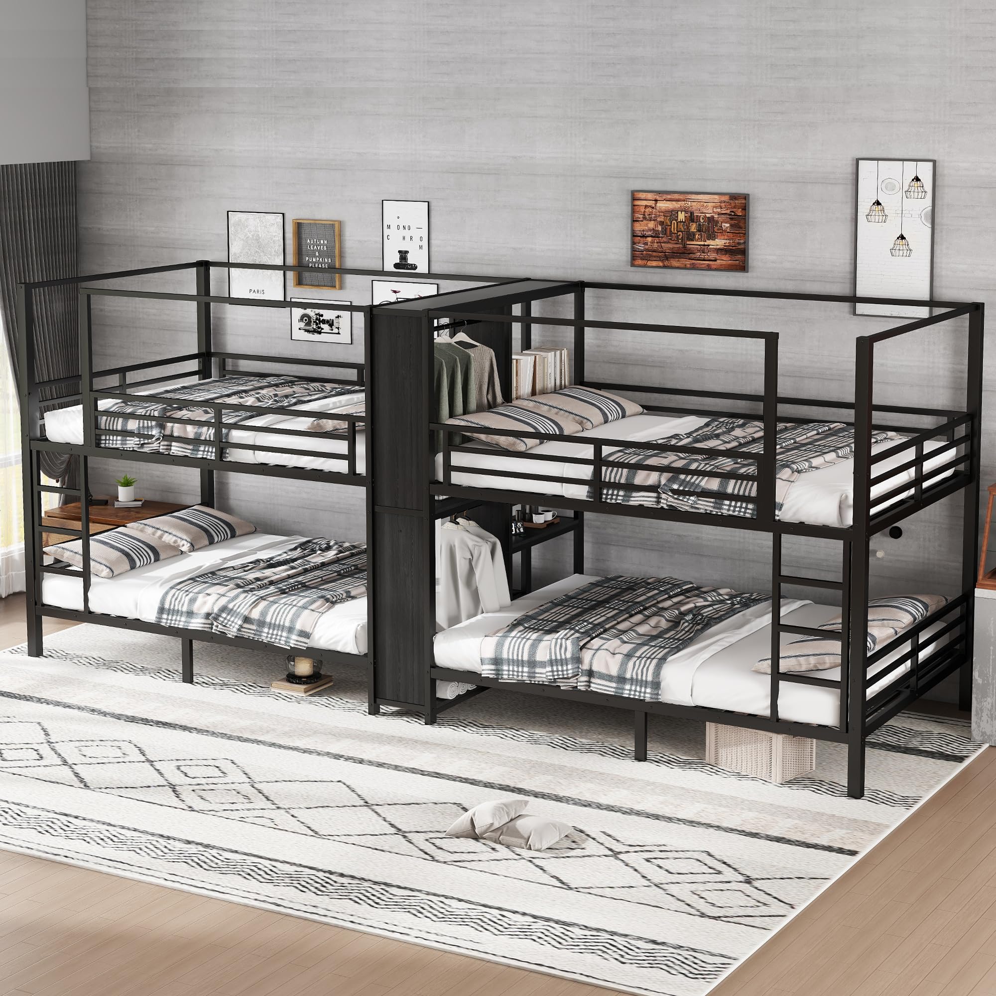 Photo 1 of ** NEW / MANUAL INCLUDED ** Metal Quad Bunk Bed with Wardrobe for 4,Full Size Quad Bunk Bed Frame with Storage Shelves,Heavy Duty Bunk Beds for Kids Teens Adults,Black