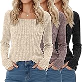 Velvelhall 3 Pack Women's Long Sleeve Shirts, Square Neck Loose Fit Tunic Tops Fall Winter Casual Lightweight Sweaters