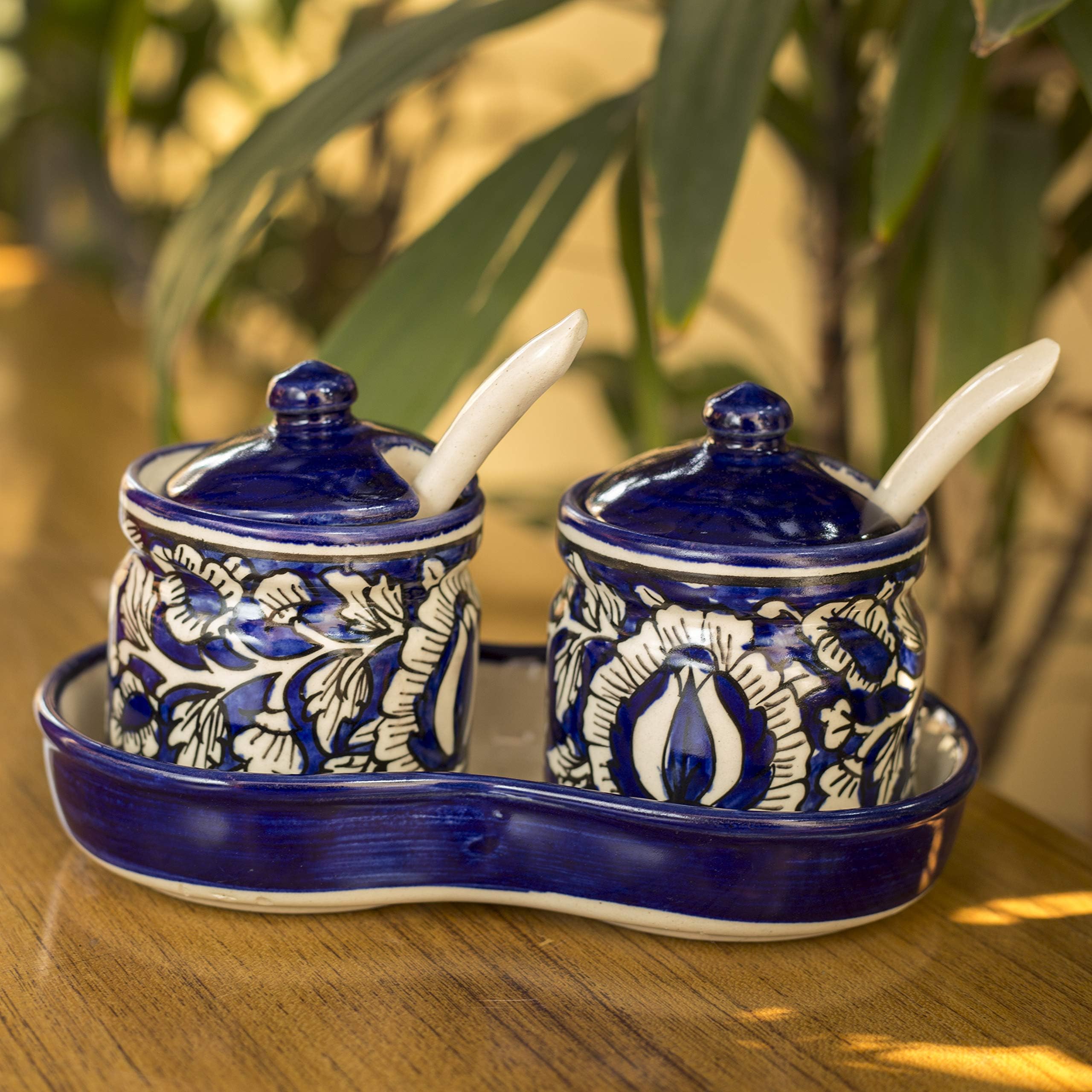Craftghar®: Pickle Jar Set (Ceramic 2 Jars with lids, 2 Spoons, 1 Tray,Blue) |100% Food & Microwave Safe|Dinning Table Storage Container for Chutney, Pickles,Achar, Spices,Jam,Ketchup