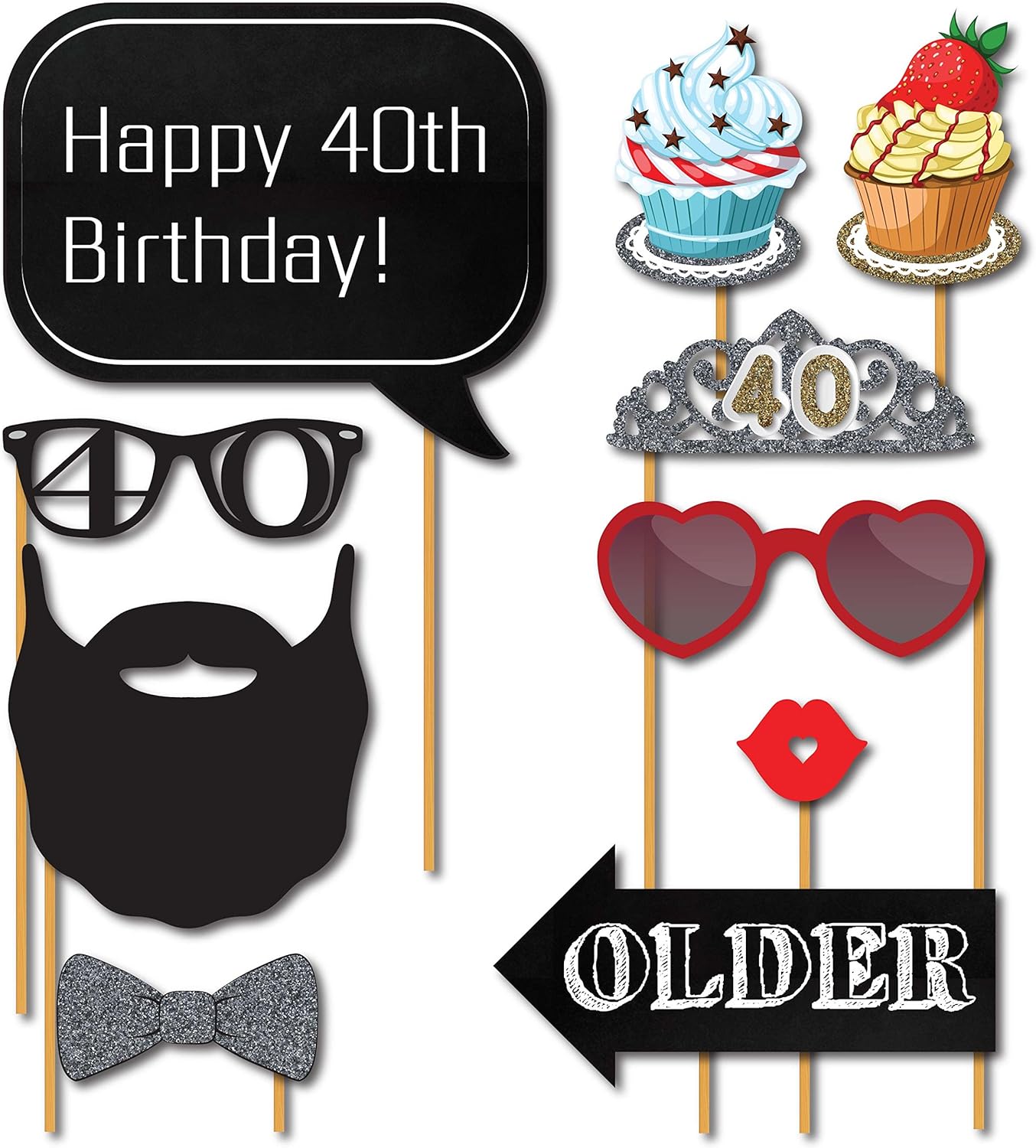 40th Birthday Photo Booth Props with Strike a Pose Sign by Sunrise Party Supplies: Kitchen & Dining