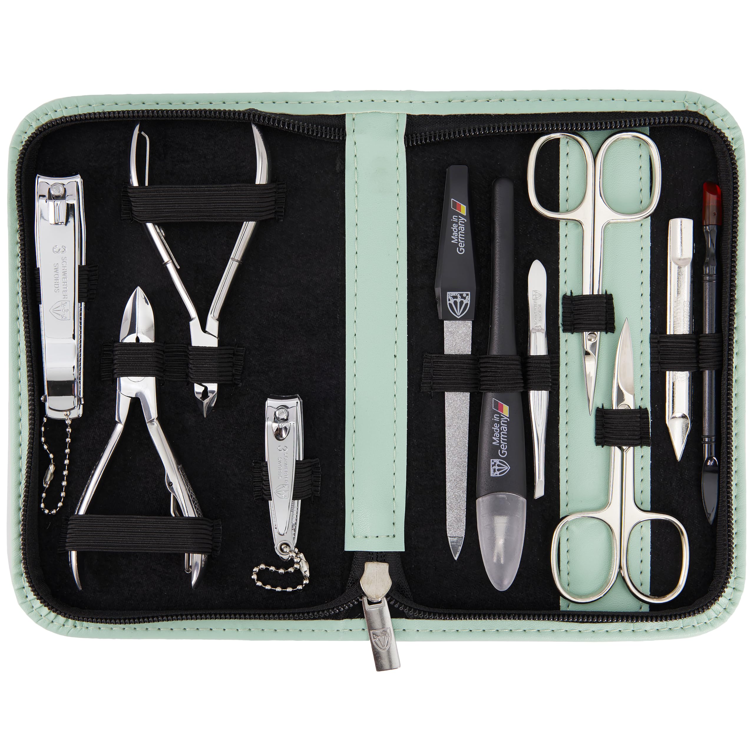 3 Swords Germany - brand quality 10 piece manicure pedicure grooming kit set for nail care with synthetic leather case mint - Made by 3 Swords