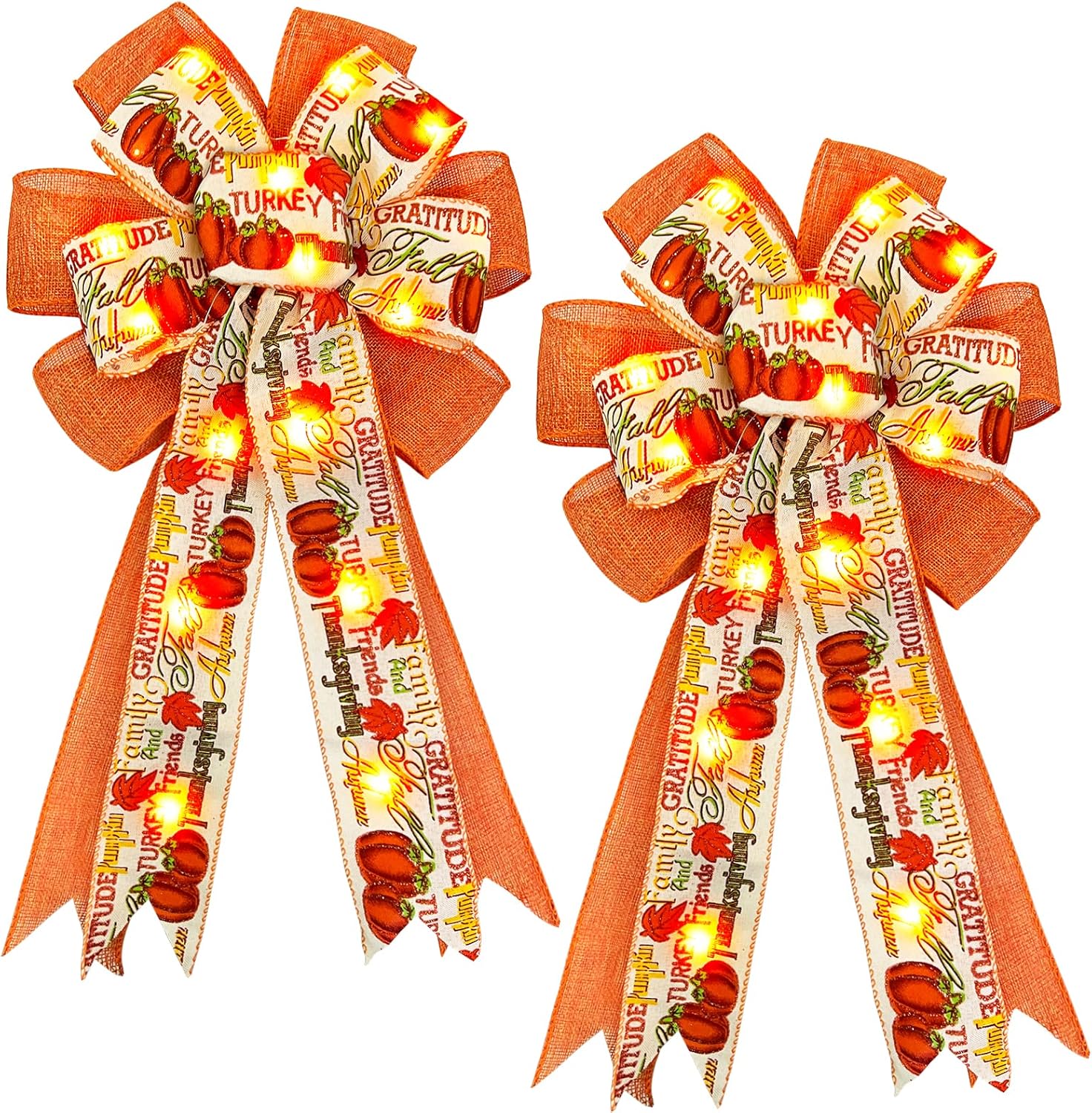 Bows & Ribbons - [ Prelit & Large ] 2 Pack 20 Inch Thanksgiving Fall Wreath Bows Thanksgiving Decorations 20 Lights Battery Operated Pumpkin Burlap Bow Wreath for Front Door Thanksgiving Decoration Home Indoor Outdoor