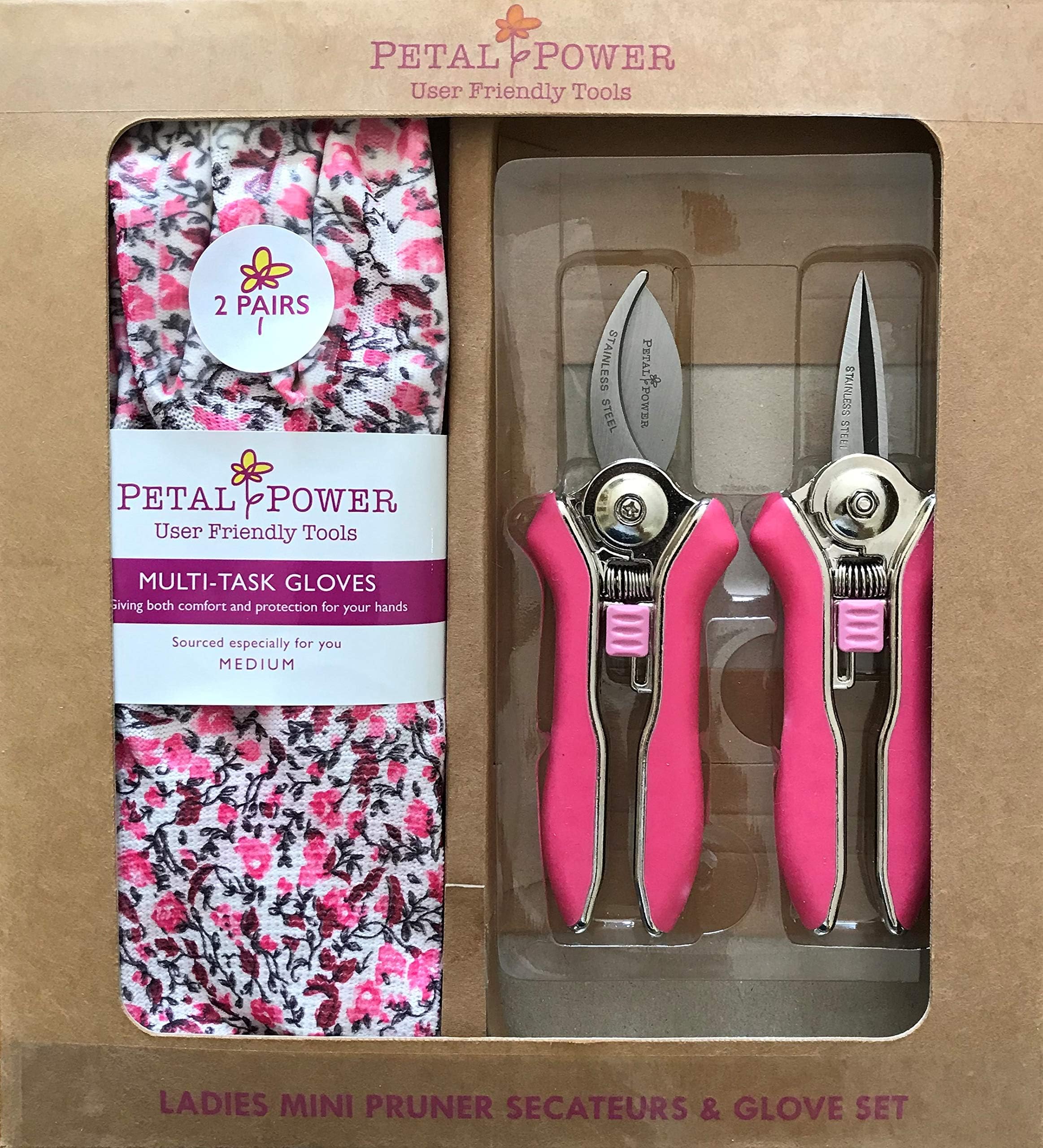 Ladies Mini Pruner Garden Secateurs & Ladies Gardening Gloves (2 Pairs) (Candy Pink) Set - Bypass & Trimmer Garden Pruners - Gloves Perfect for Garden & Household tasks - Best Garden Gift for Women