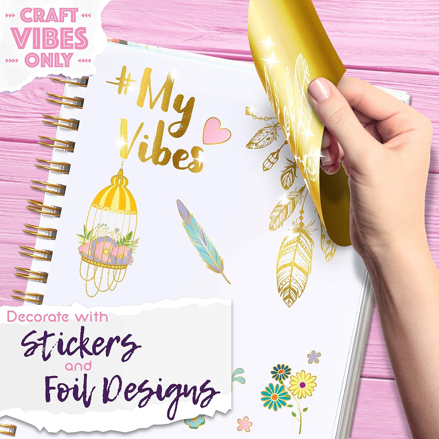 Good Vibes Journal DIY Set by Craft Vibes Only – Personalized Diary - Custom Journals for Girls - Creative Writing Journal Scrapbook Kit - Customize Your Journal Notebook - Pen Included! - Ages 8 & Up: Home & Kitchen