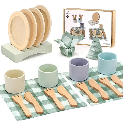 Little Log Wooden Dish Set – 21-Piece 4 Place Settings with Plates, Cups, Cutlery & Fabric Napkins, Montessori Pretend Kitchen Role Play Accessory for Girls & Boys Age 3+