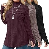 Ficerd 3 Pack Women's Plus Size Turtleneck Sweater Tunics, Long Sleeve Thumbhole Ribbed Tops Curved Hem Loose Pullover Shirts