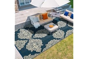 wikiwiki Outdoor Rug, 5x8ft Waterproof Reversible Mat Indoor Outdoor Rugs Carpet, Small Area Rug Plastic Straw Rug for Patio Deck Balcony Pool RV Camping Beach Picnic, Blue & Beige, Rugscape Series