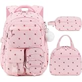 Tecoloy 3PCS Corduroy Backpack for Girls, Girls Backpack with Lunch Box &amp; Pencil Case, Bookbag for Girl Teens Elementary Middle High School, Lightweight Laptop Backpack Travel Daypack Pink Strawberry