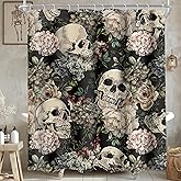 AMBZEK Sugar Skull Shower Curtain 60Wx72L Inch Retro Floral Leaves Gothic Halloween Spooky Skeleton Plant Goth Vintage Artwork Cloth Fabric Waterproof Polyester Bathroom Decor Set with 12 Pack Hooks