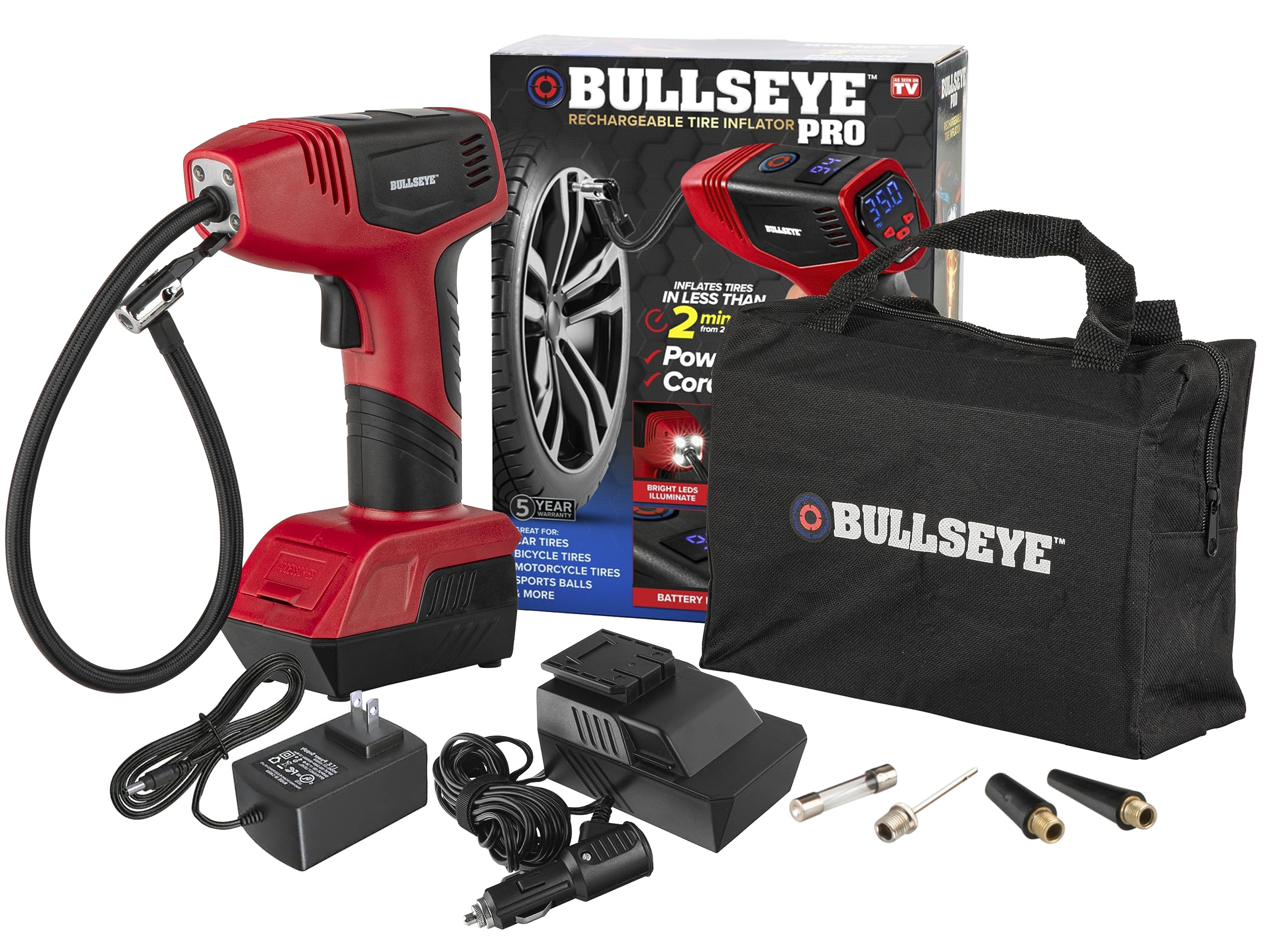 Bullseye Pro Max Deluxe Tire Inflator Portable Air Compressor, Portable Air Pump for Car Tires, Car Tire Inflator Portable - 150PSI, 12V DC 2000 mAhs, Tire Pressure Gauge, Rechargeable As Seen On TV Image