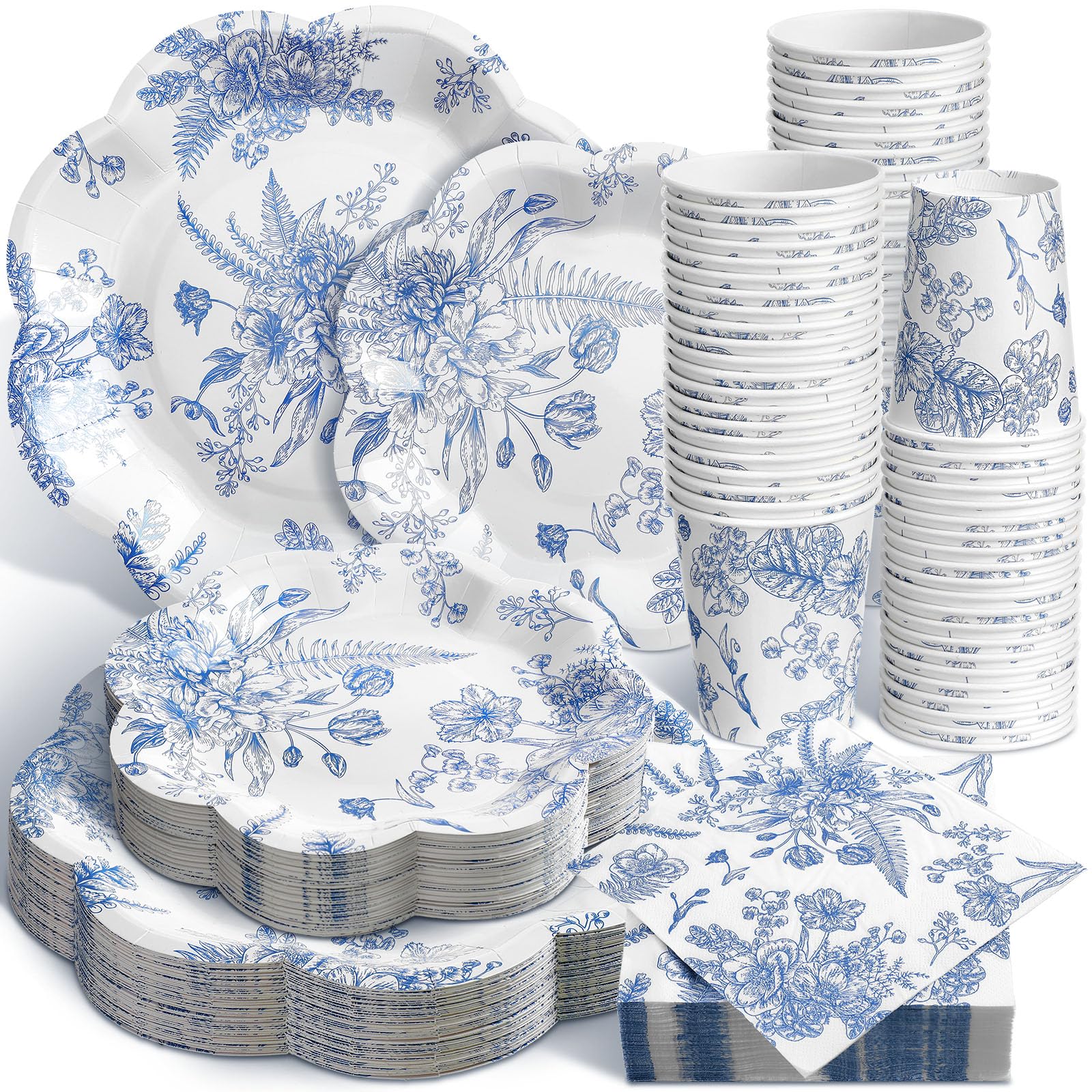 Photo 1 of Newtay 250 Pcs Blue Floral Disposable Plates and Napkins Blue and White Floral Paper Tableware Set for 50 Guests Paper Plates Napkins Cups for Wedding Bridal Shower Party Supplies