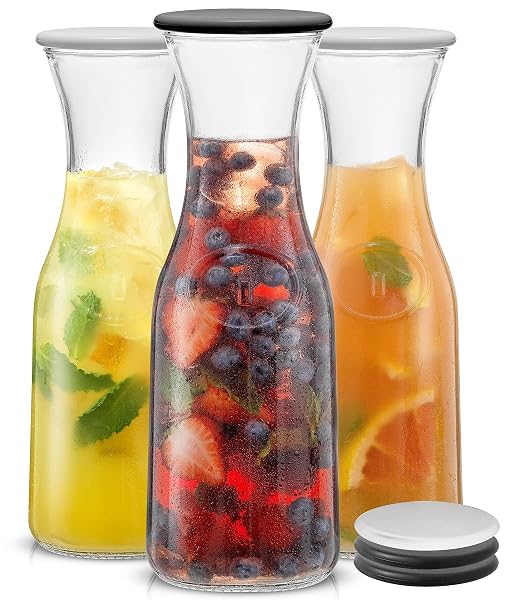 JOYJOLT GLASS CARAFE WITH LID, SET OF 3 – 1 LITER GLASS PITCHER FOR MIMOSA BAR, WATER, ICED TEA, JUICE, WINE, LEMONADE, MILK – DISHWASHER SAFE BEVERAGE DRINK DISPENSERS FOR BRUNCH, PARTIES