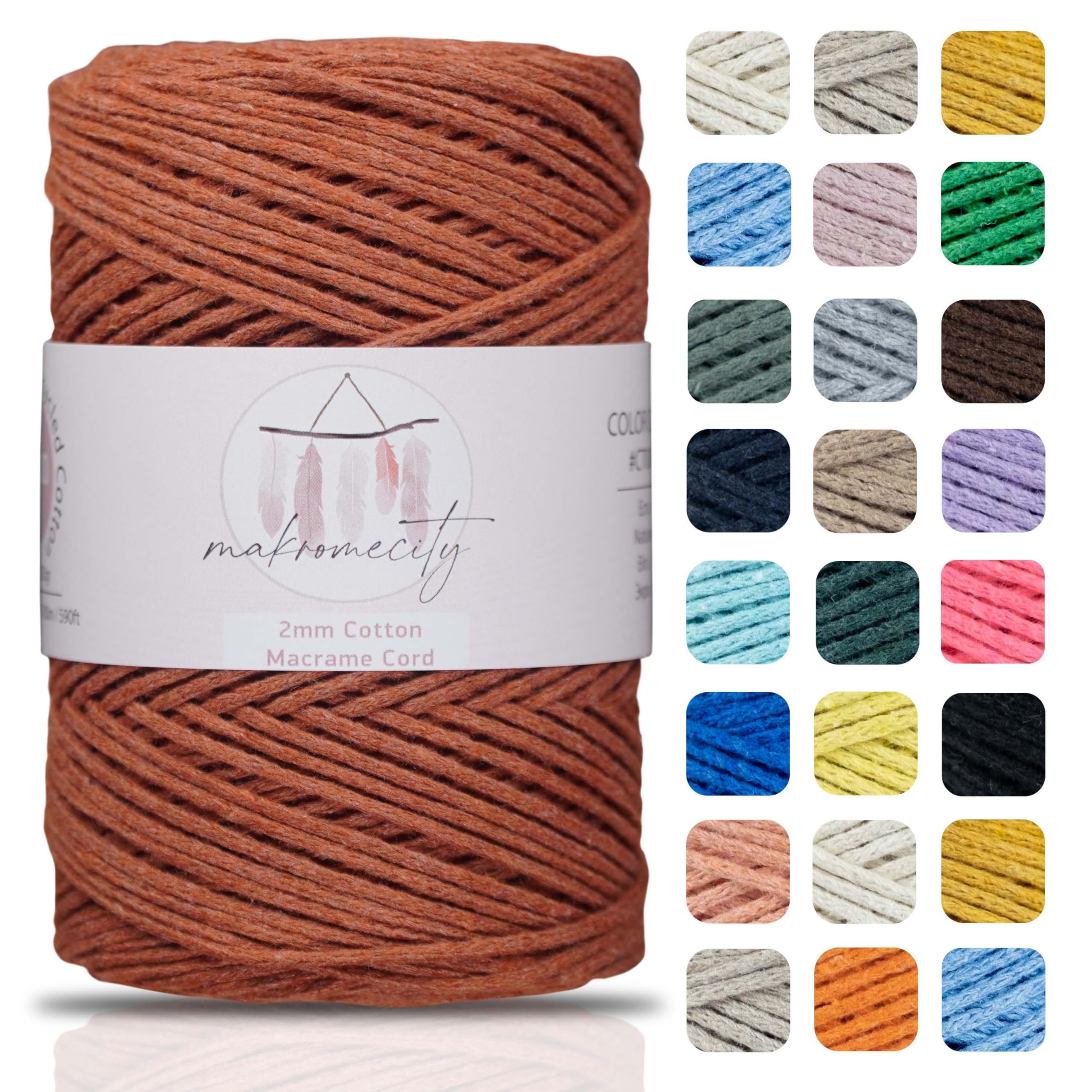 Makromecity Cotton Macrame Yarn, 2mm x 180m, Recycled, Brick Red, Thread Cord for Crocheting, Crafts, Home Decorations