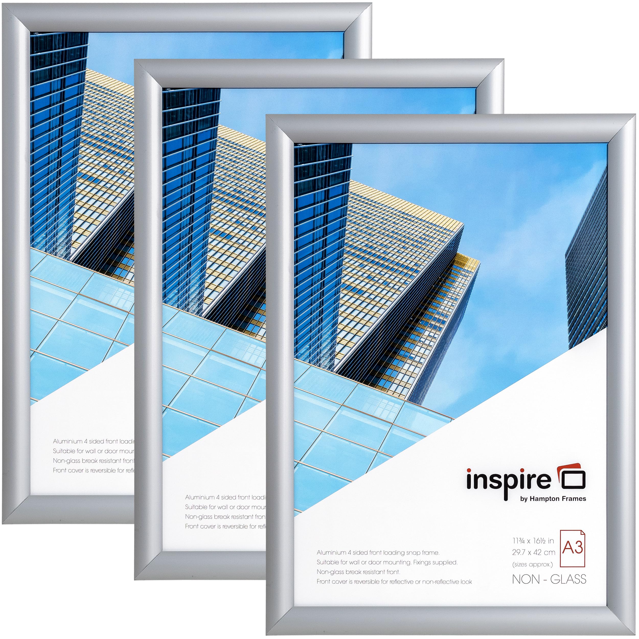 inspire by Hampton Frames | A3 Snap Frame Pack of 3, Silver Aluminium, 30x42cm, Acrylic Front | Easy Snap Mechanism, Wall Mount | Secure Poster Display, Landscape or Portrait Use