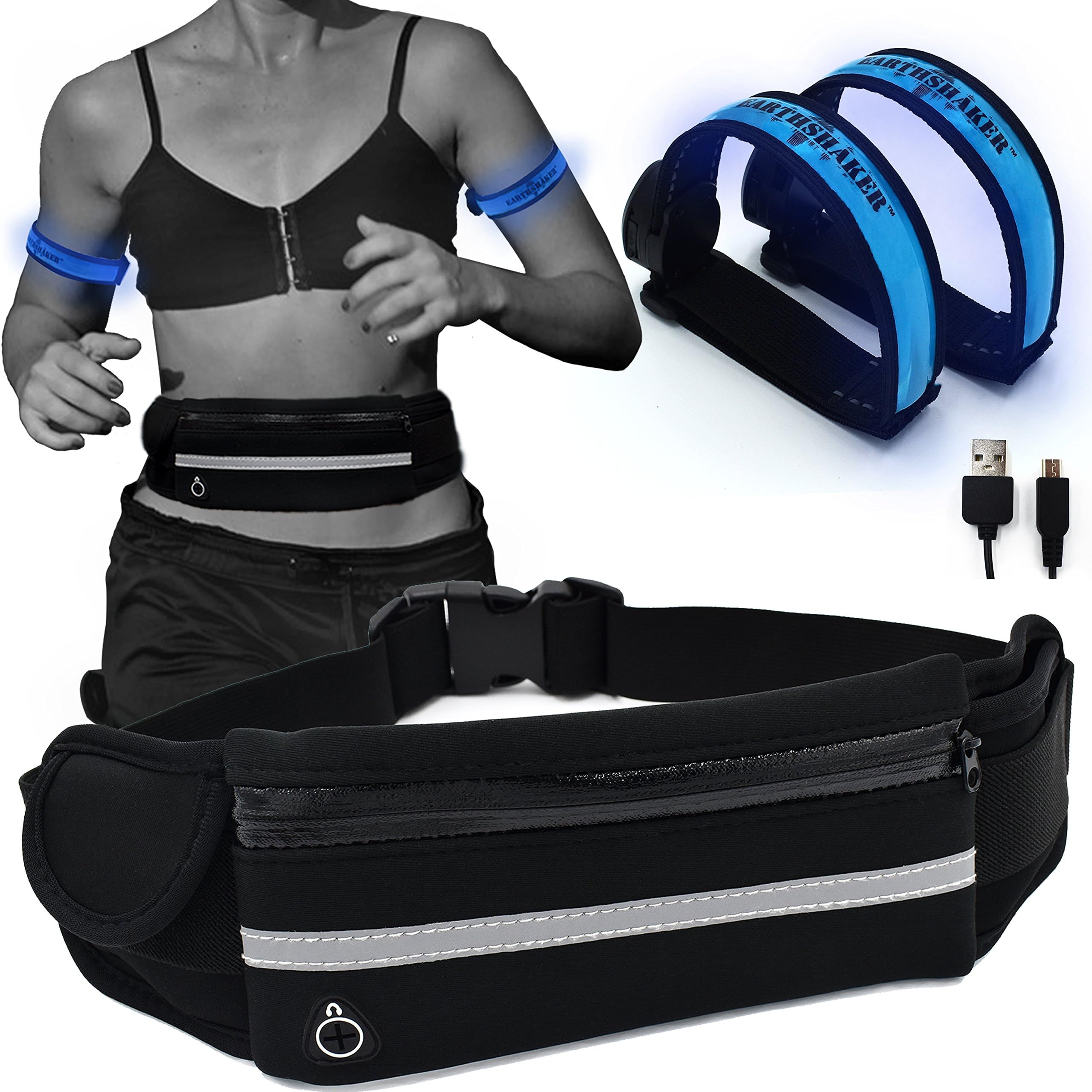 Running Belt with BONUS 2 Packs USB Rechargeable LED Safety Lights Armband - Reflective Waist Band - iPhone X 6 7 8 Phone Holder Fanny Pouch - Night Runners Gear/Accessories for Men and Women