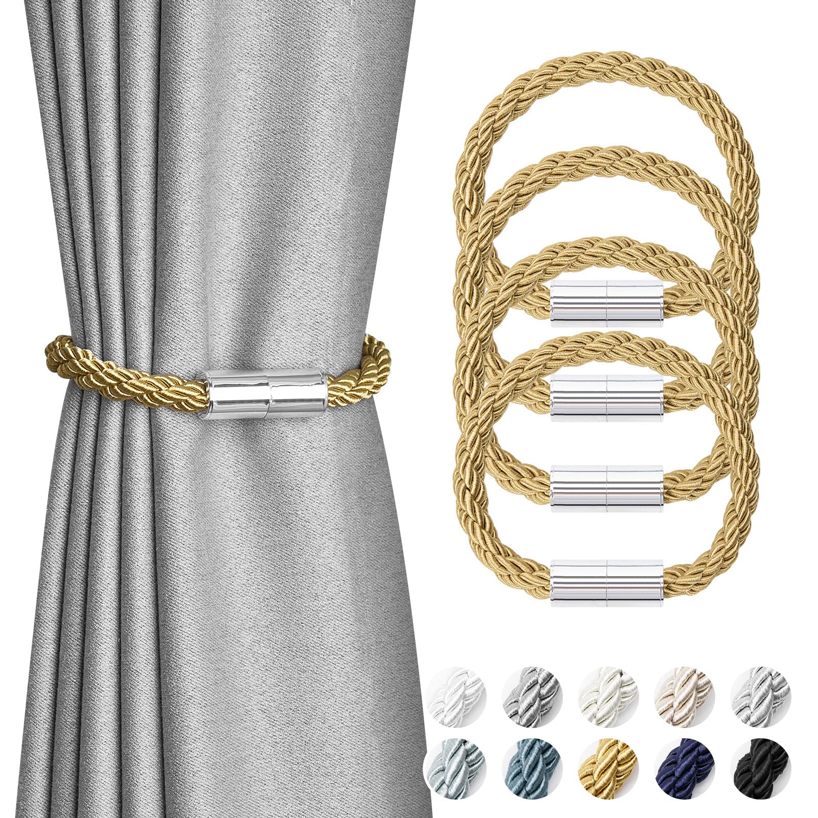 Pretty Jolly 4 Pack Mini Magnetic Curtain Tiebacks Modern Simple Style Drape Tie Backs Elegant Decorative Weave Rope Curtain Holdbacks for Home & Office Thin Window Draperies (Gold)