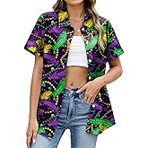 NQIQO Fat Tuesday Shirts for Women Fat Tuesday Party Outfit Button Up New Orleans Themed Party Short Sleeve Tops