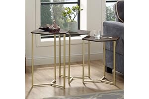 Walker Edison Modern Hexagon Nesting Side End Table Set Living Room Storage Small End Table, Set Of 3, Dark Walnut and Gold