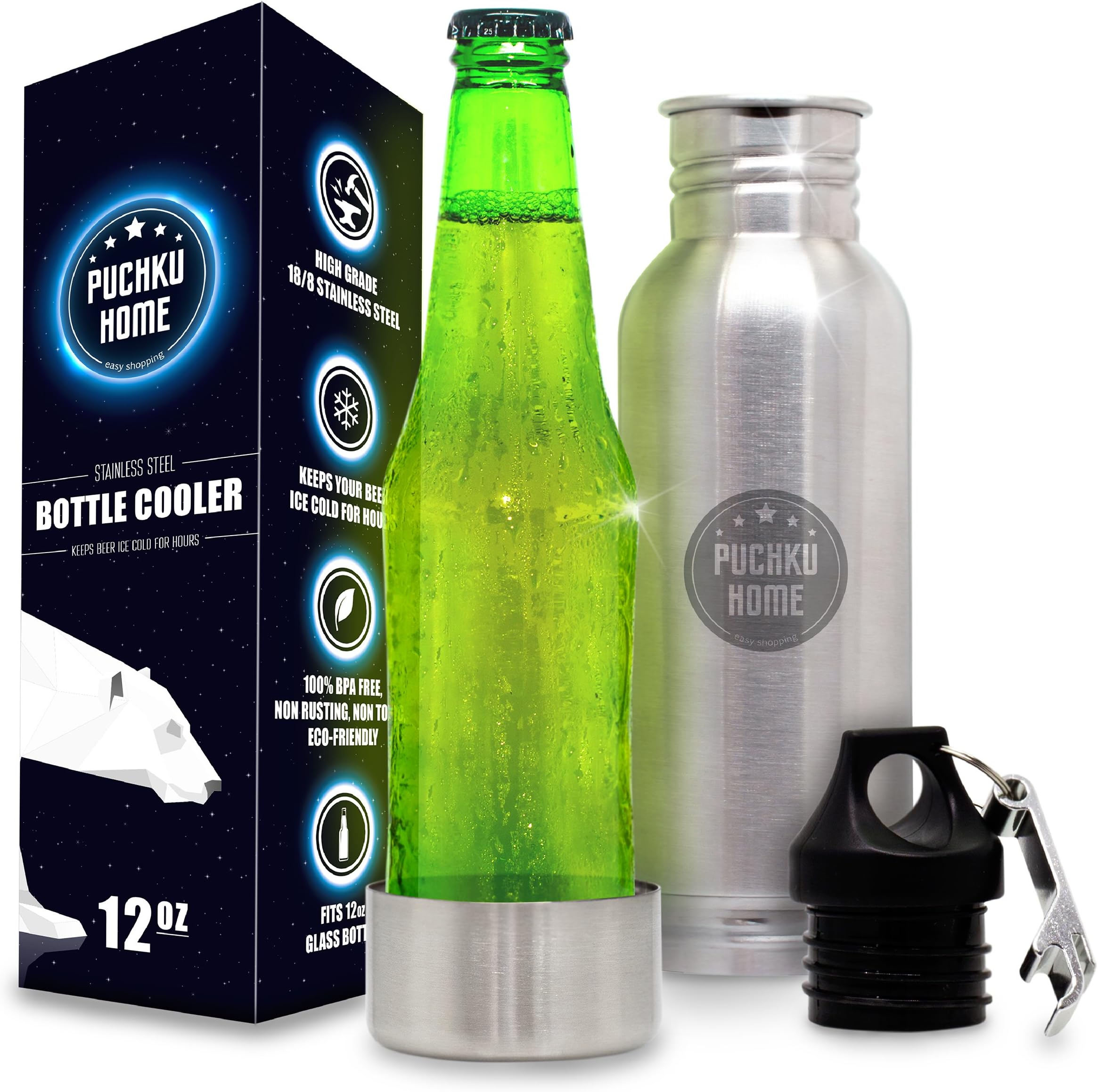 Stainless Steel Beer Bottle Cooler Keeper Insulator with Bottle Opener Gift - Fits Most 12-Ounce Glass Bottles to Keep Beer or Carbonated Drinks Cold for a Long Time + Metal Bottle Opener