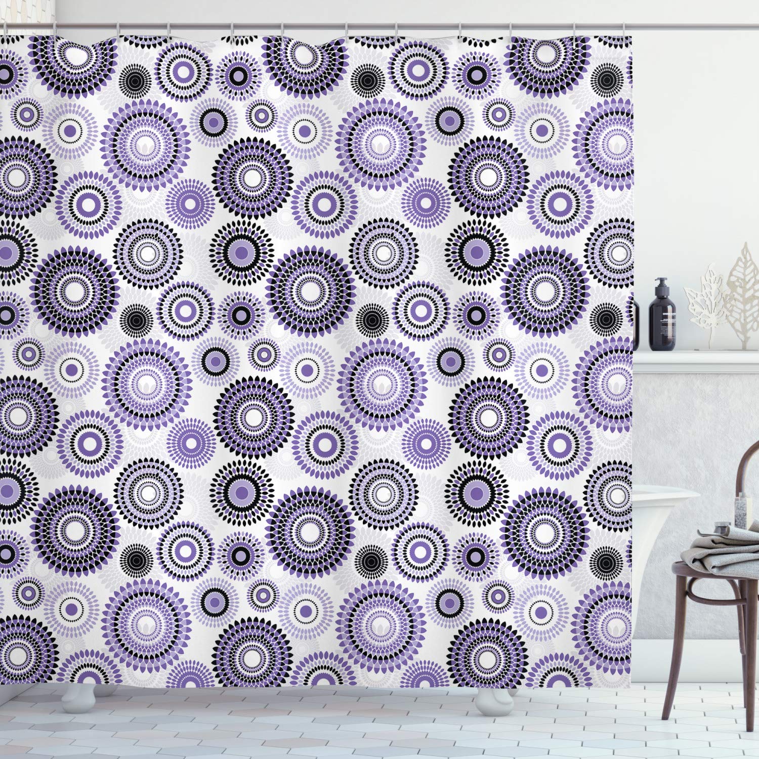 ABAKUHAUS Purple and Black Shower Curtain, Scattered Round Big and Small with Mandala Inspired Design, Cloth Fabric Bathroom Decor Set with Hooks, 175 x 200 cm, Violet Black White