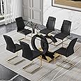 FFIKK 7 Piece Dining Table Set,Glass Dining Table Set for 6，Modern Dining Table and Faux Leather Padded Seats for Kitchens, Living Rooms, Bedrooms (Black＆Gold Table-Black Chair-6)