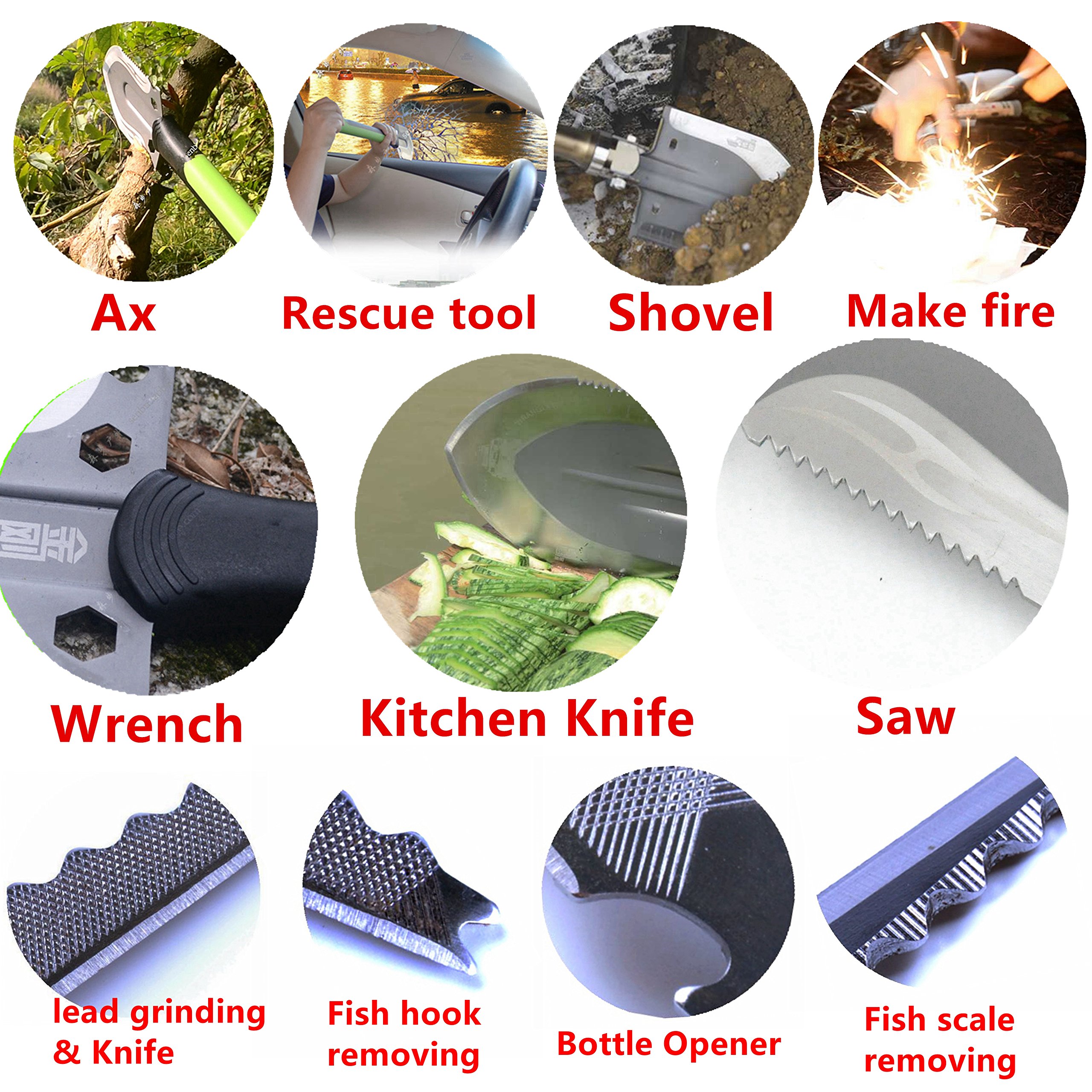 BANG TI 10 in 1 Utility Shovel Light Weight Outdoor Camping Tool w/Multi Knife Magnesium Rod and Head Cover (Yellow)