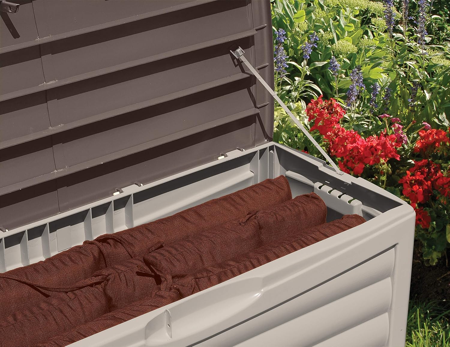 Suncast 63 Gallon Patio Storage Box Water Resistant Outdoor Storage Container For Patio Furniture Pools Toys Yard Tools Store Items On Deck Porch Backyard Gray Deck Boxes