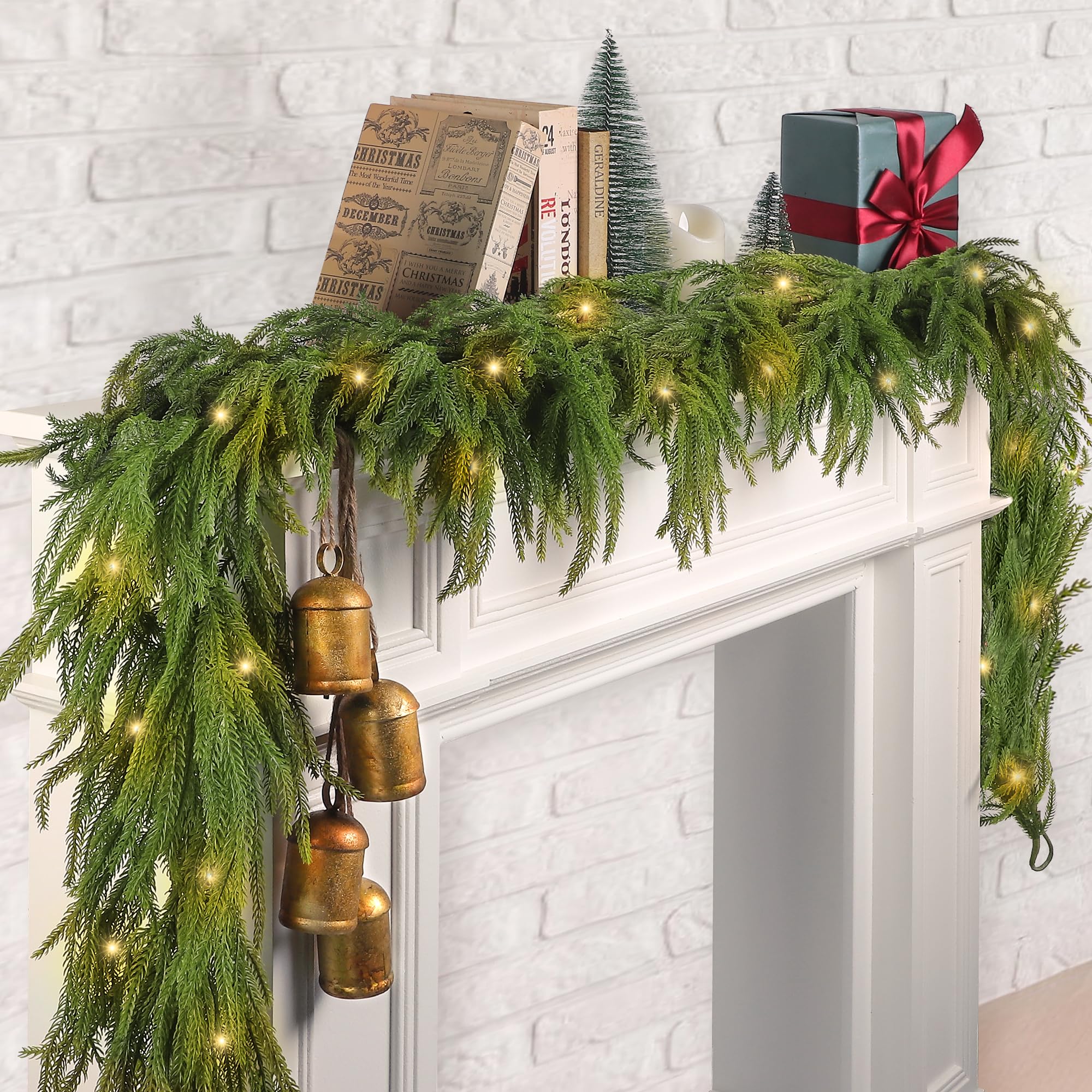 Photo 1 of *PARTIAL SET sheck clerk comments * 
Fovths 1 Pack 6 Feet Christmas Norfolk Garlands Set Artificial Faux Greenery Garland 4 Cow Bell with Jute Hanging Rope Light String Winter Pine Garland for Xmas Indoor Holiday Decor, Green