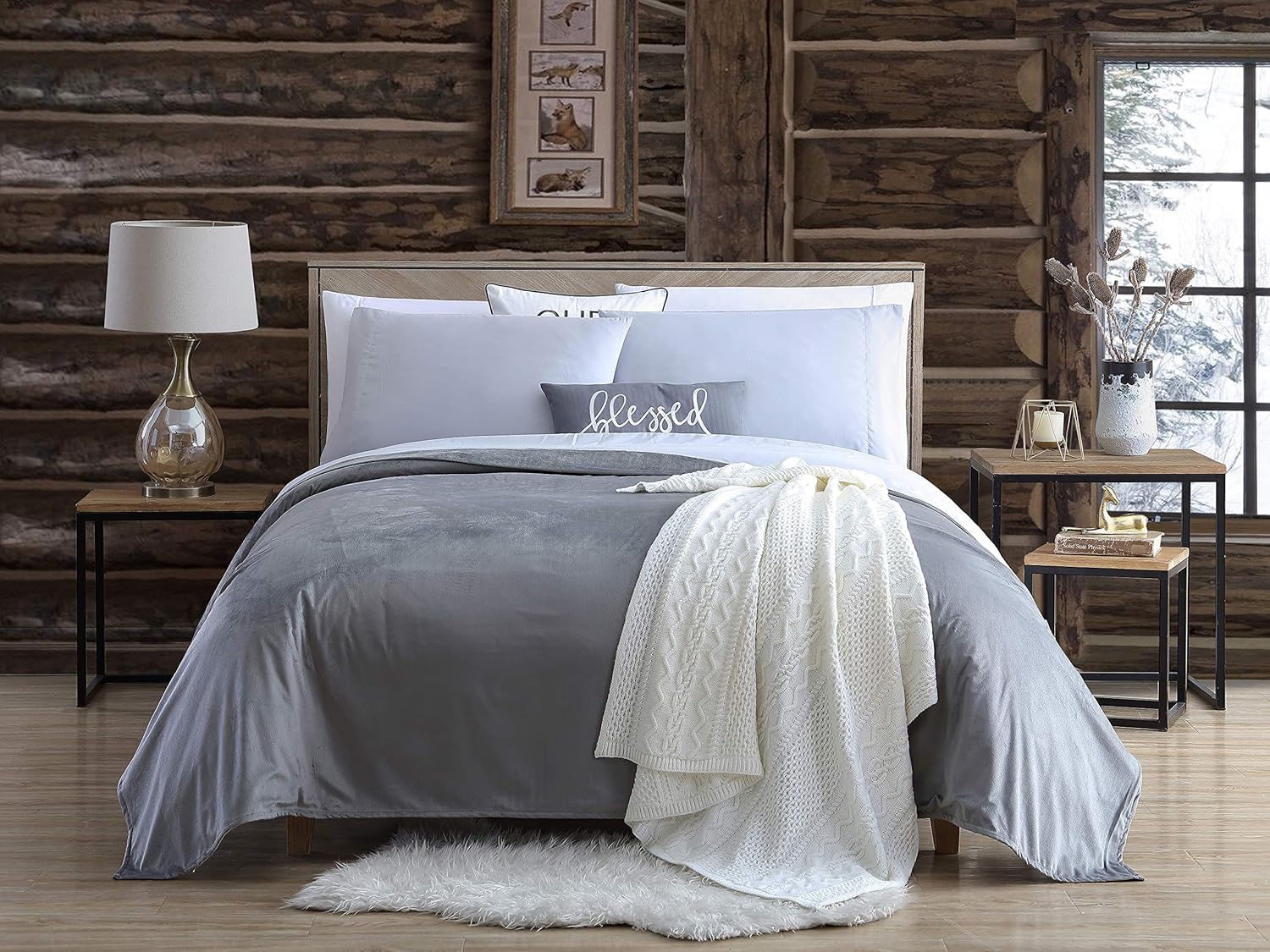 Swift Home Unique Cozy Reversible Mink Blanket 4-Piece Microfiber Bed Sheet Set - Queen, Charcoal Grey/Silver