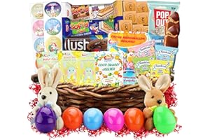 SARAH'S CANDY FACTORY Easter Snack Brown Basket (50 Count) Filled with Treats, Candy, Peelable Gummies, Marshmallow Gummies, Bunny and More, Great Package for Family, Friends, Boys and Girls