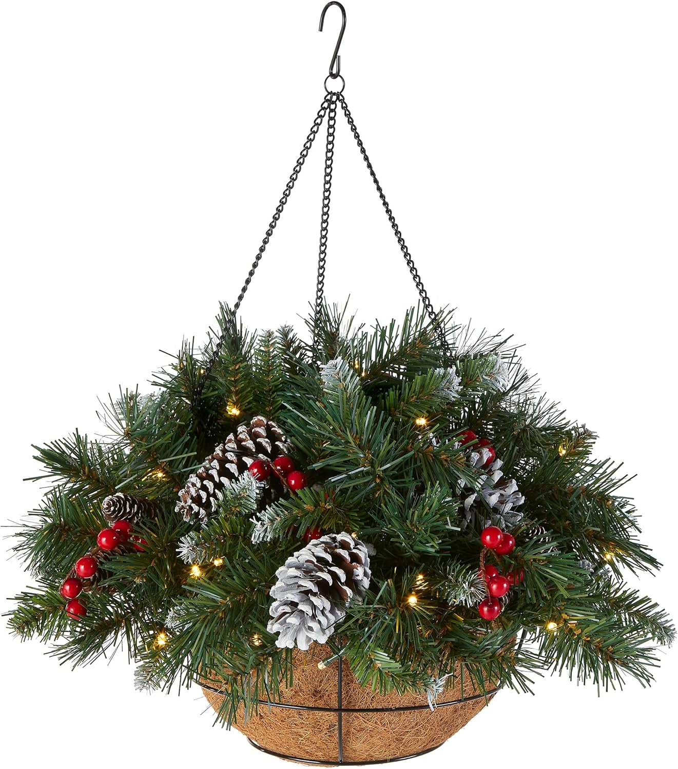 Wreaths, Garlands & Swags - National Tree Company Pre-Lit Artificial Hanging Basket, , Decorated With Frosted Pine Cones, Berry Clusters, White LED Lights, Christmas Collection, 20 Inches