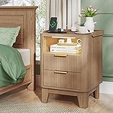 Turosur Night Stand with Charging Station, Fluted NightStand with LED Light and 2 Drawers, Wood Bedside Table with Open Storage, Modern
