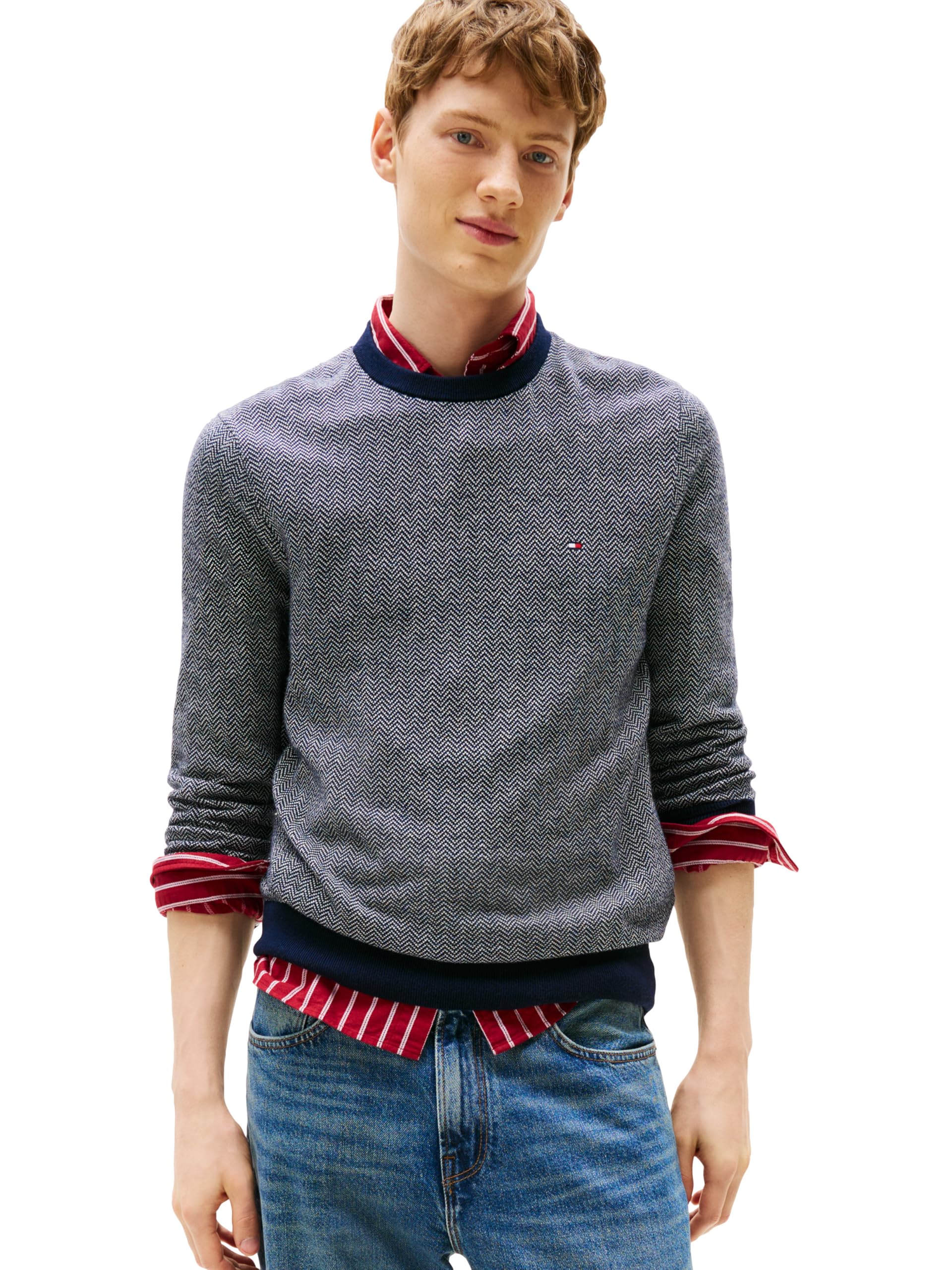Tommy Hilfiger Men’s Cotton Cashmere Crewneck Sweater, Desert Sky/Ivory Petal Large