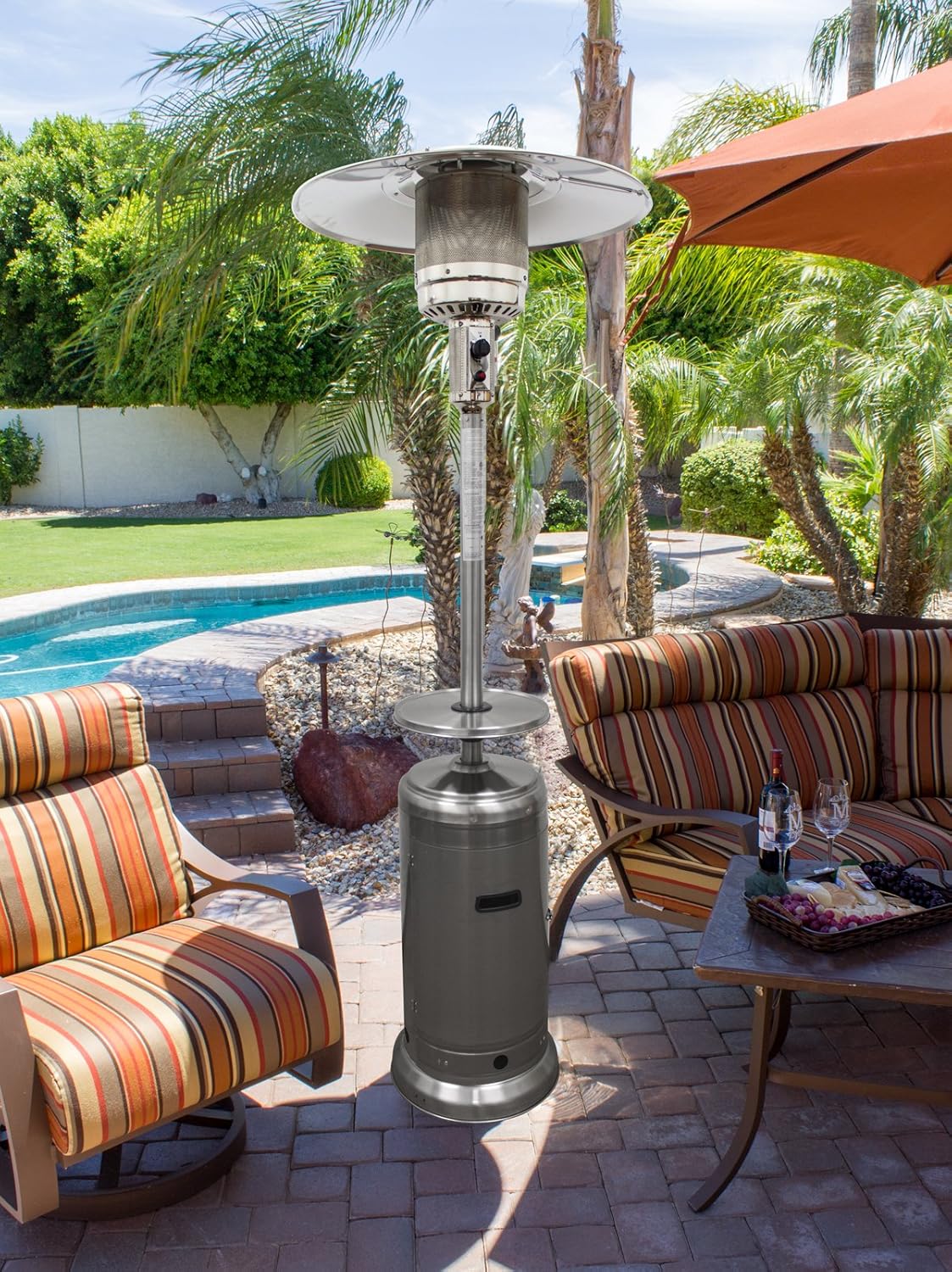 kindle living patio heaters on Amazon Com Hiland Hlds01 W Bs 48 000 Btu Propane Patio Heater W Wheels And Table Large Stainless Steel Portable Outdoor Heating Garden Outdoor