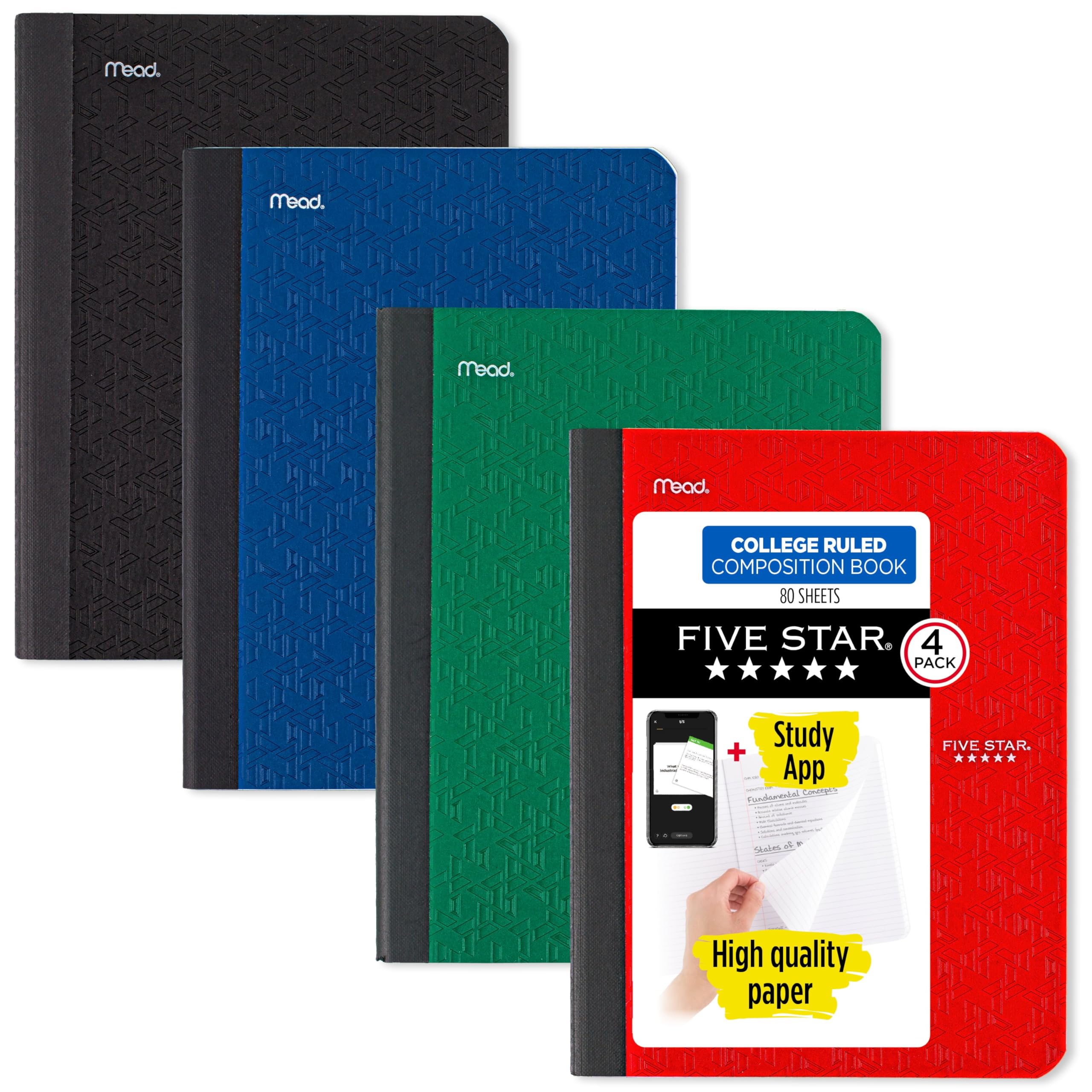 Photo 1 of Five Star Composition Book + Study App, 4 Pack, College Ruled Paper, 7-1/2" x 9-3/4", 80 Sheets, Forest Green, Pacific Blue, Fire Red and Black (850065B-ECM)