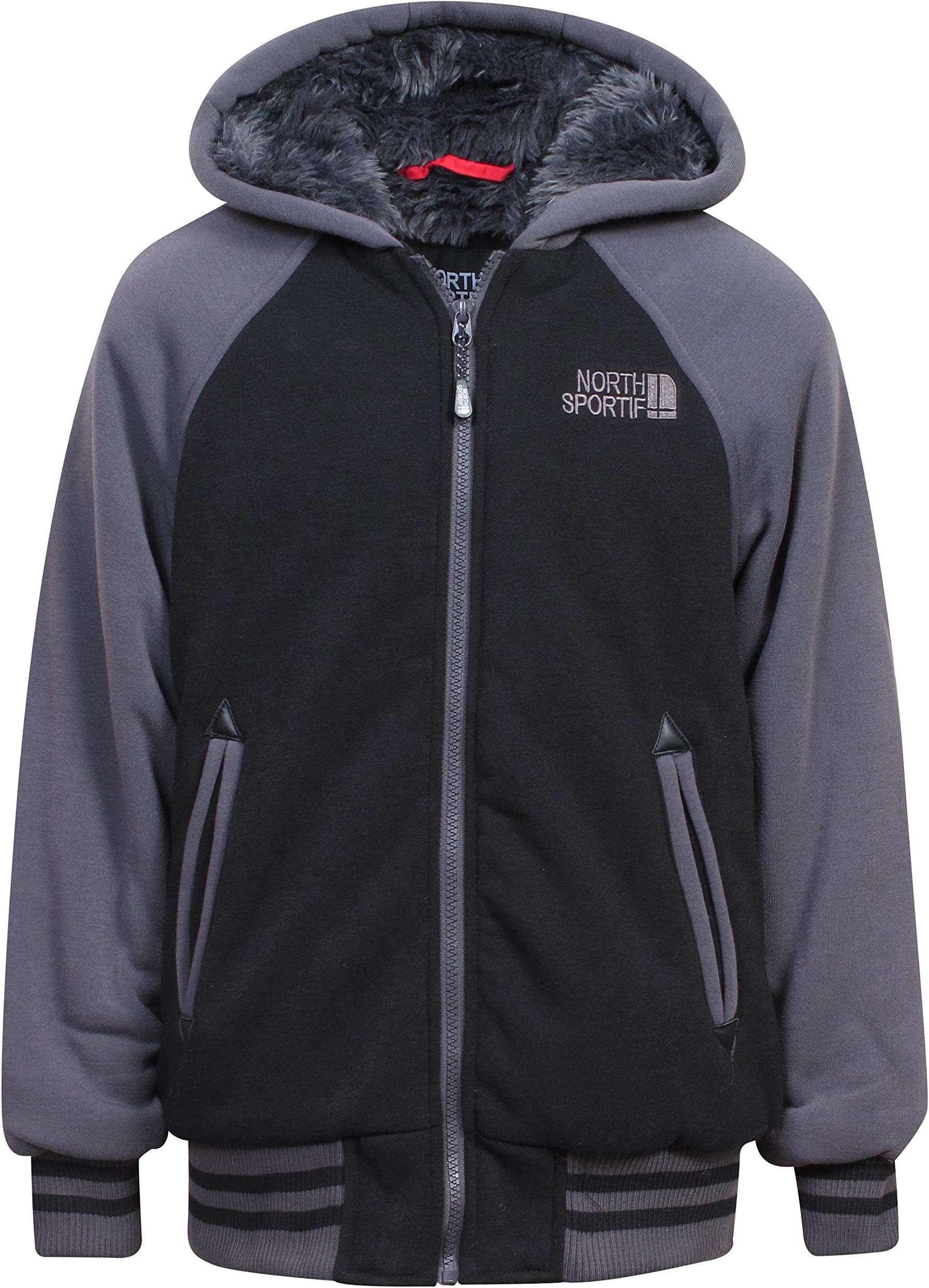 'North Sportif Boys Fur Lined Zip Up Fleece Hooded Raglan Jacket, Black, Medium 10/12'