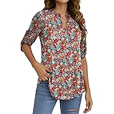 Othyroce Women's Plus Size Short Sleeve Summer Plaid Shirts Zip Floral Casual Tunic Blouse Tops M/L/1X/2X/3X/4X