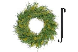 YUGALI 22” Real Touch Cedar Christmas Wreath with Lights Hanger for Front Door Indoor Artificial Evergreen Pine Branches Realistic Greenery Winter Porch Décor Fireplace Wall Decorations