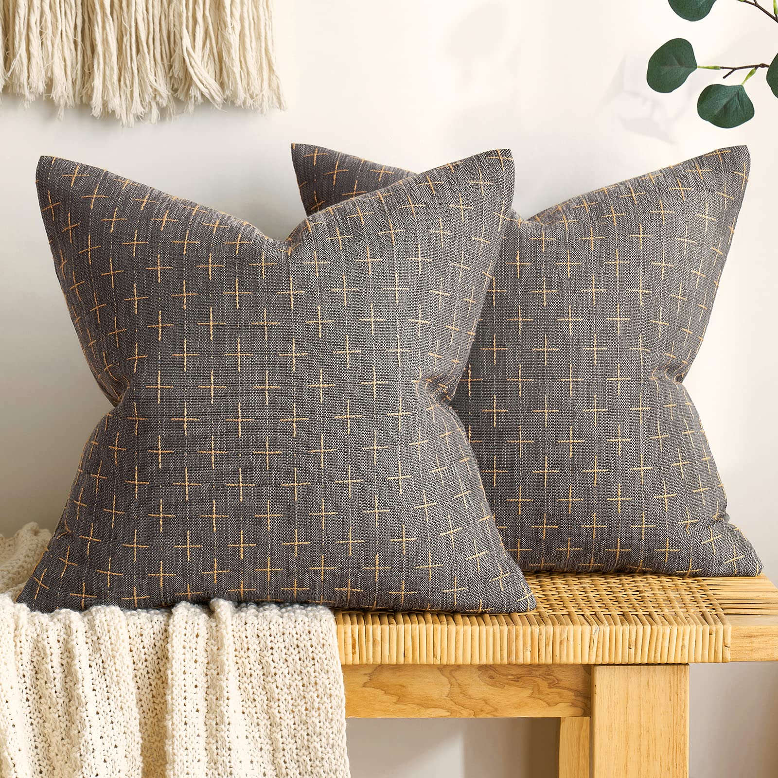 Photo 1 of MIULEE Pack of 2 Decorative Burlap Linen Outdoor Throw Pillow Covers Modern Farmhouse Vintage Pillowcase Rustic Woven Textured Cushion Cover for Sofa Couch Bed 20x20 Inch Dark Grey