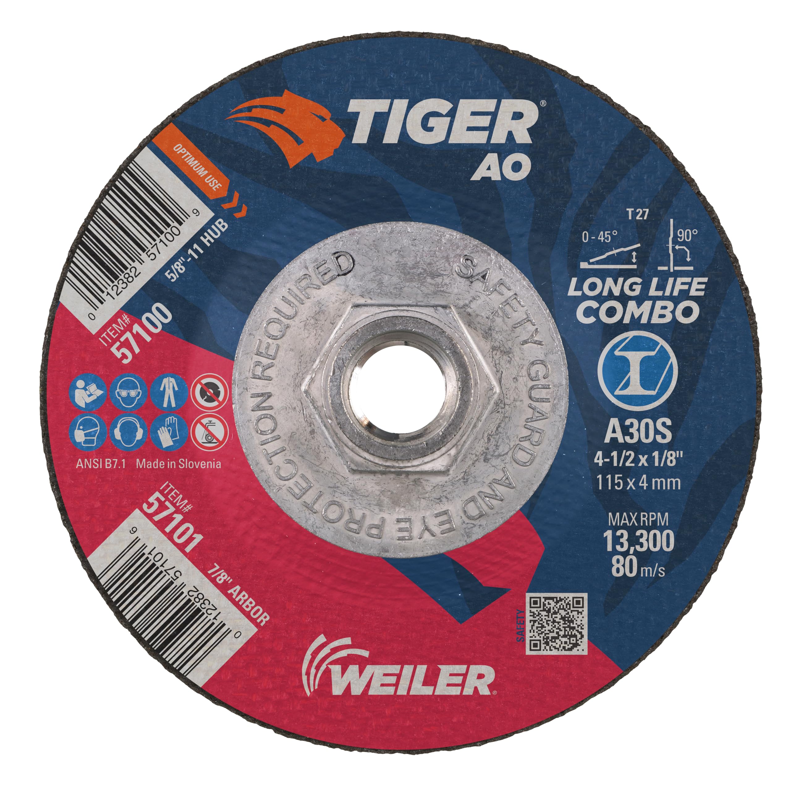 Weiler 57100 4-1/2″ x 1/8″ Tiger Type 27 Cut and Grind Combo Wheel, A30S, 5/8″-11 UNC Nut (Pack of 10)