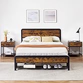 Garvee Queen Size Metal Platform Bed Frame with Ottoman Storage, Vintage Brown Wooden Headboard, Noise-Free, Sturdy Metal Support, No Box Spring Required, Modern & Stylish Design for Bedroom