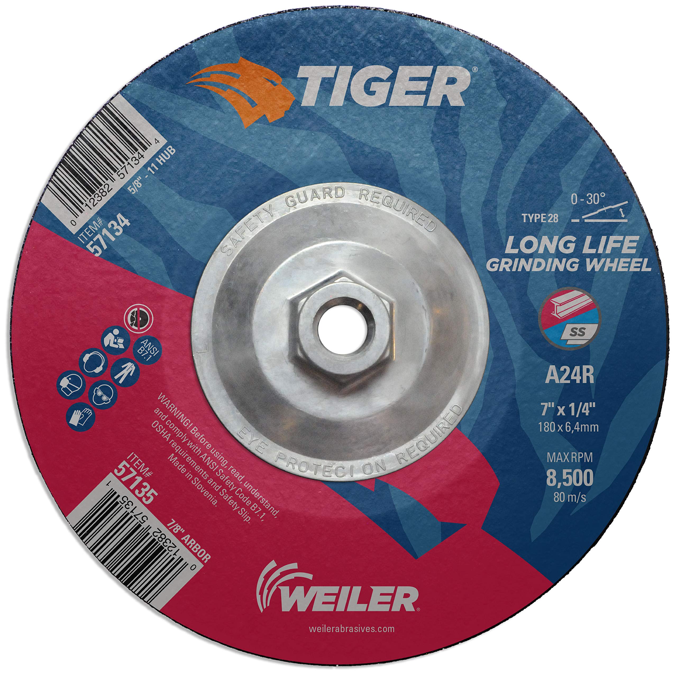Weiler 57134 7″ X1/4″, Tiger Type 28 Grinding Wheel, A24R, 5/8″-11 Nut (Pack of 10)