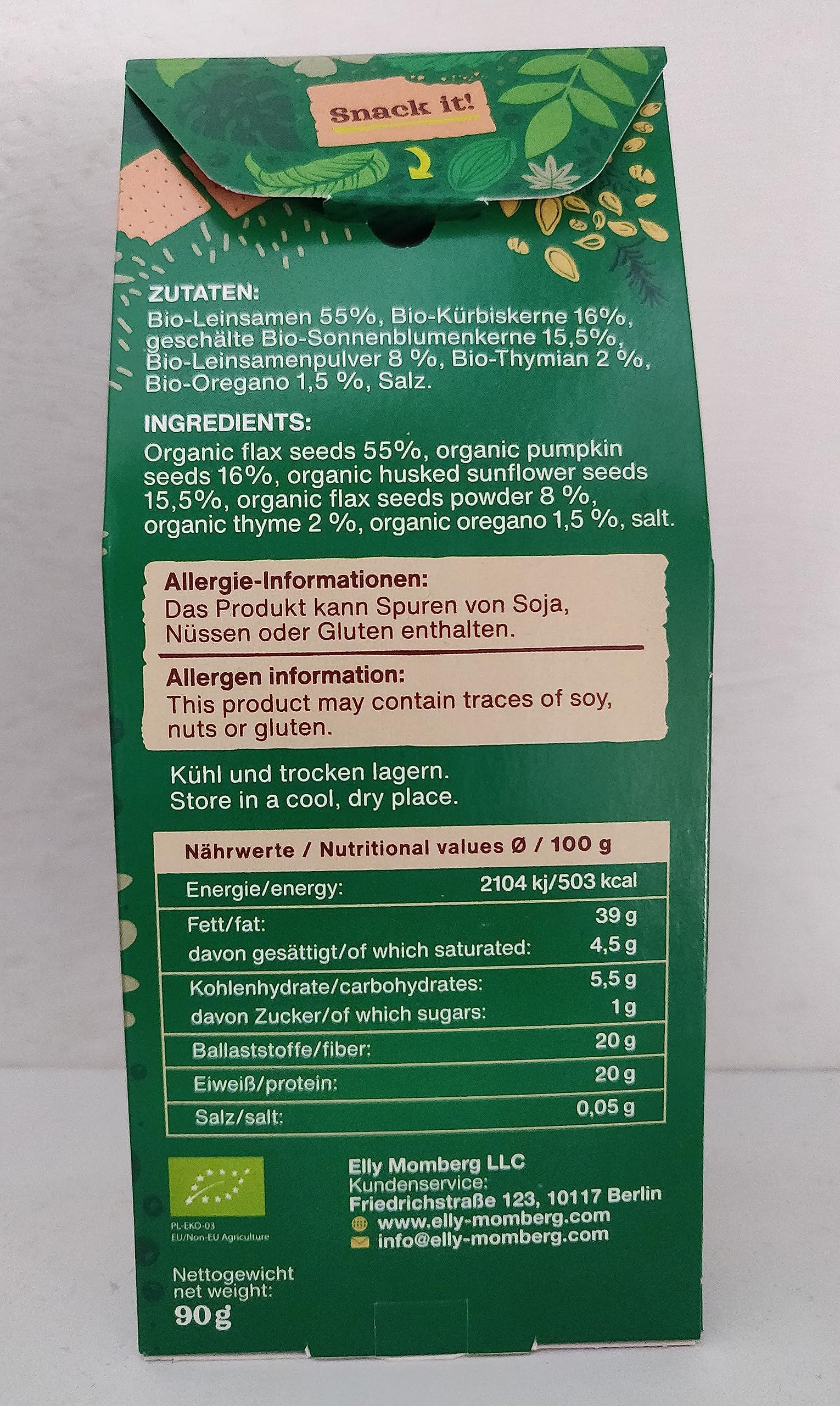 Elly Momberg Bio Leinsamen Cracker mit Saaten & Kräutern 90g (Kräuter & Samen) – Keto, Low Carb, Glutenfrei, Vegan, Ohne Zuckerzusatz – Rohkost Knäckebrot, Ballaststoffreich, Gesunder Snack 6