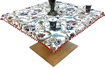 Miyanbazaz Textiles 100% Cotton Floral Print Tea/Coffee Table Cover with Red Color POM-POM Lace Border Multi Color